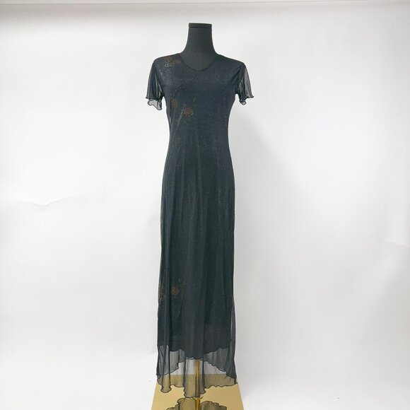VINTAGE 90S STYLE LONG MESH MAXI DRESS SHIMMER WITH FLORALS - Picture 15 of 16